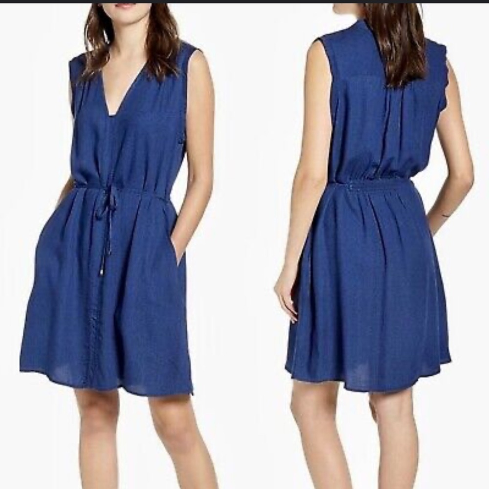Splendid Willow Dress Tie Waist Dress Sleeveless Dark Washed Navy Blue V Neck - Picture 2 of 15